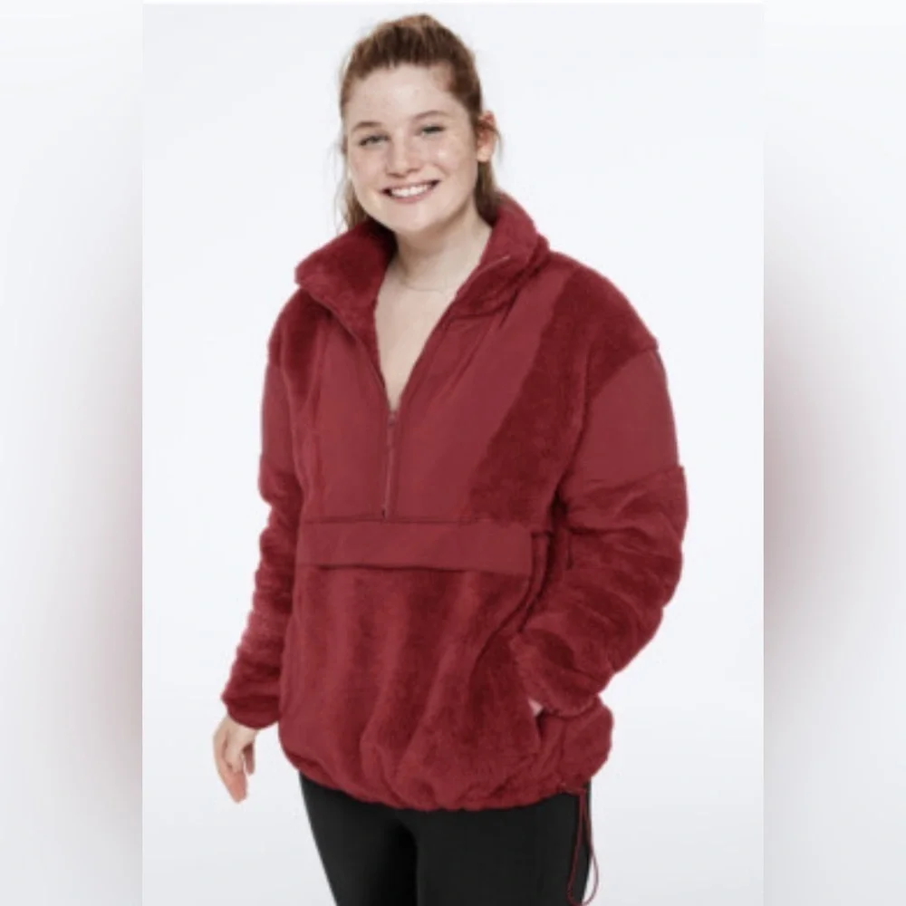 Victoria Secret PINK X Small Red Teddy Half Zip Oversized Sweater Jacket Xs